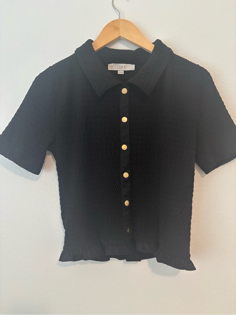 LOFT Black Textured Short-Sleeve Button Front Top with Gold Buttons